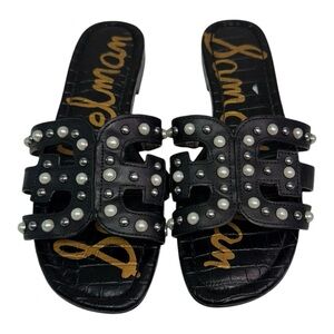 Sam‎ Edelman Women Black Leather Studded Pearl Embellished Slide Sandals